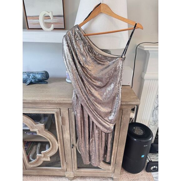 NWT Tadashi Shoji Bronze Sequin One Shoulder Cocktail Dress Size 6 - Picture 7 of 12